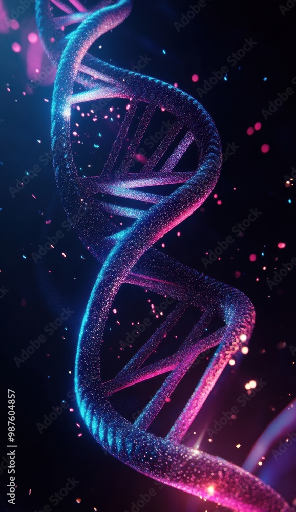 Poster close-up view of the double helix dna structure glowing in vibrant colors against a dark background