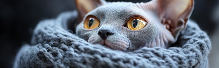 Cozy sphynx cat wrapped in a warm knit blanket by the window