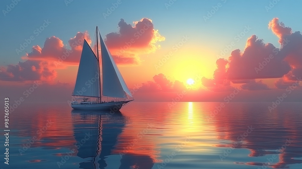 Aufkleber a serene sunset view with a sailboat on calm waters, surrounded by colorful clouds reflecting the wa
