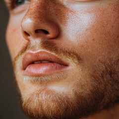 Obraz premium Close-up of a man's face showing detailed skin texture, freckles, and beard, ideal for skincare or grooming advertisements,