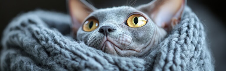 Cozy sphynx cat wrapped in a warm knit blanket by the window