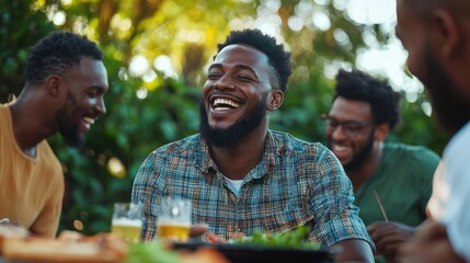 Black young men laughing and enjoying a barbecue with friends.