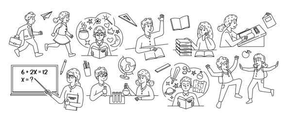 Hand-Drawn Monochrome Doodle Characters Showcasing Back To School Activities And Learning, School Life