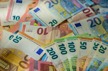 Background of dollar, euro banknotes on a table