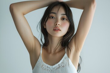 Fototapeta premium Beautiful Japanese woman, wearing a white top and shorts, with smooth skin,...