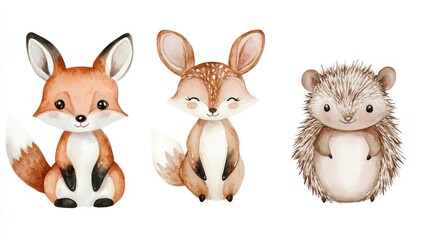 Fototapeta premium Cute baby fox and forest animals in watercolor, ideal for nursery posters and children's decor.