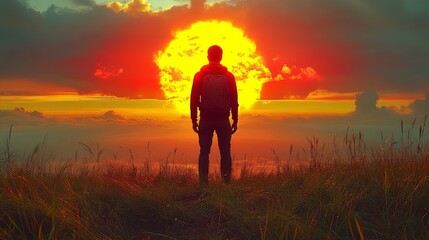 Fototapeta premium A silhouette of a person standing on grass, witnessing a vibrant sunset with varying shades of orange and yellow.