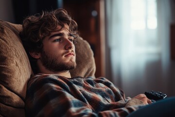 Obraz premium A young man with curly hair and a beard lounging on a couch looks contemplative while holding a remote control, perfect for themes of relaxation, introspection, or leisure activities at home,