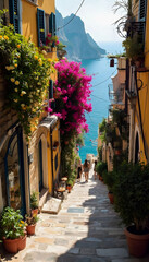 Fototapeta premium Narrow streets of a charming holiday town, lined with colorful buildings and vibrant flowers, inviting visitors to explore