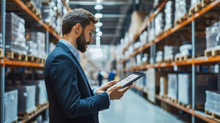 A business professional reviewing supply chain strategies on a tablet while standing in a busy warehouse