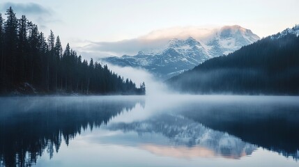 Tranquil morning mist over a serene mountain lake surrounded by lush evergreen forests at dawn