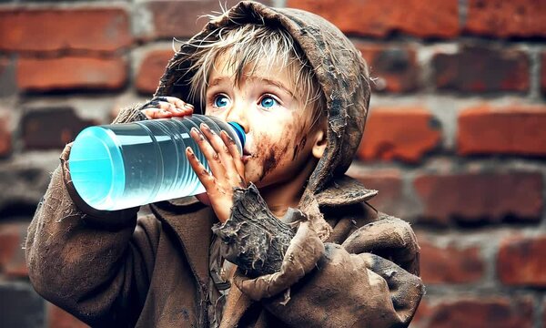 Struggling Child Drinking Water in Harsh Conditions | Global Poverty and Clean Water Access