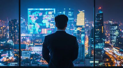 A businessman overlooking a city skyline with news headlines about geopolitical crises affecting trade