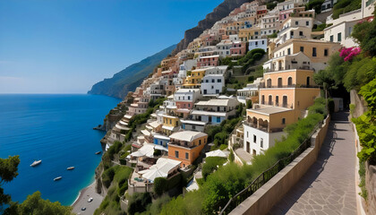 Naklejka premium A narrow street along the cliffside in Positano, Italy, lined with colorful buildings cascading down to the Mediterranean Sea, showcasing stunning coastal views
