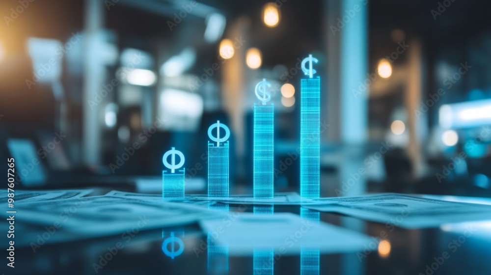 Aufkleber a visual representation of financial growth with bar charts and dollar signs, set against a backdrop