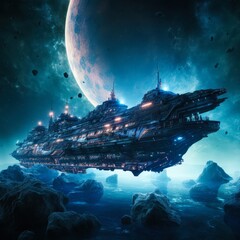 Obraz premium A futuristic spaceship sails through space amidst floating rocks with a distant planet in the background, perfect for sci-fi themes, space exploration, or futuristic technology,