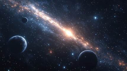 A vibrant galaxy with glowing stars and planets in a stunning cosmic vista against the dark expanse of space