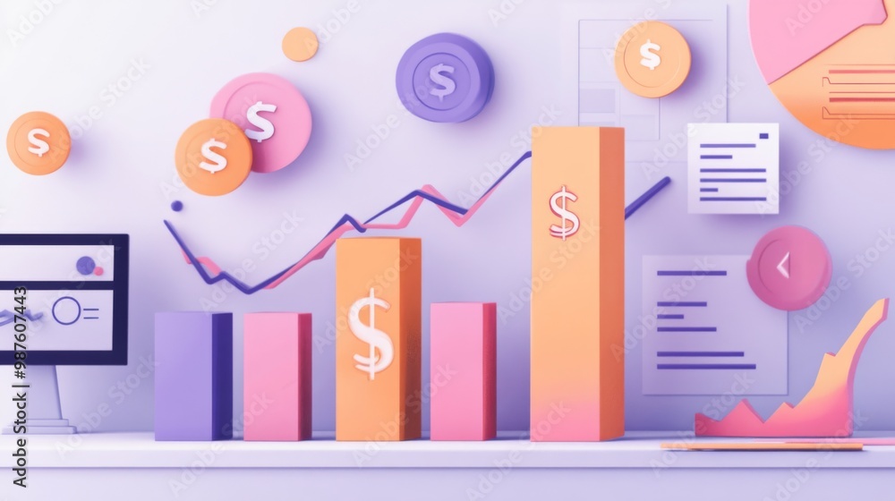 Aufkleber a visual representation of financial growth with bar charts and dollar signs, set against a backdrop