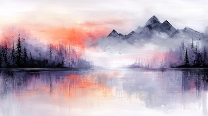 Serene Mountain Reflection at Sunrise in Watercolors