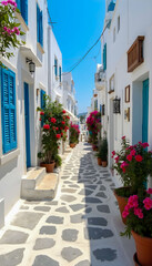 Fototapeta premium A narrow street in Mykonos, Greece, lined with iconic whitewashed buildings featuring blue doors and windows, with vibrant flowers cascading from balconies under the bright Mediterranean sun