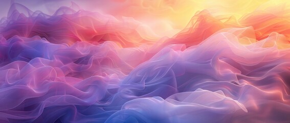 Fototapeta premium Ethereal waves of colorful fabric flowing softly in hues of pink, purple, and orange, creating a dreamy, abstract background