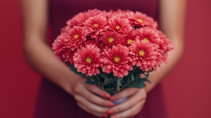 a woman holding a bouquet of chrysanthemums