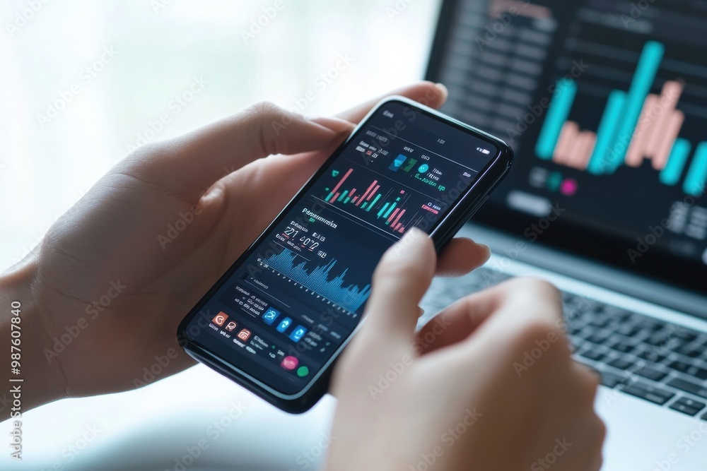 Poster close-up of hands using a mobile app for financial analysis with laptop displaying charts in the bac