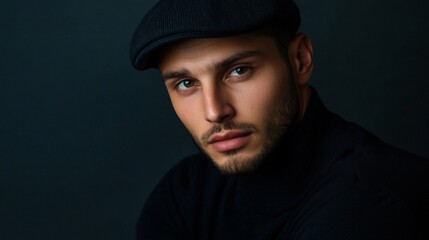 Portrait of a young handsome trendy man wearing a cap of black color. with copy space