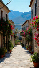 Fototapeta premium A peaceful street in a Cretan village, lined with traditional stone houses, colorful potted plants, and bright bougainvillea flowers climbing the walls under a clear blue sky