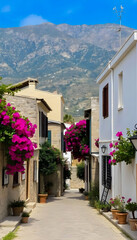 Naklejka premium A peaceful street in a Cretan village, lined with traditional stone houses, colorful potted plants, and bright bougainvillea flowers climbing the walls under a clear blue sky
