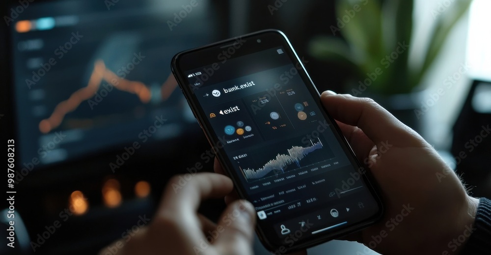 Poster close-up of a hand using a financial app on a smartphone displaying analytics in a modern, dimly lit