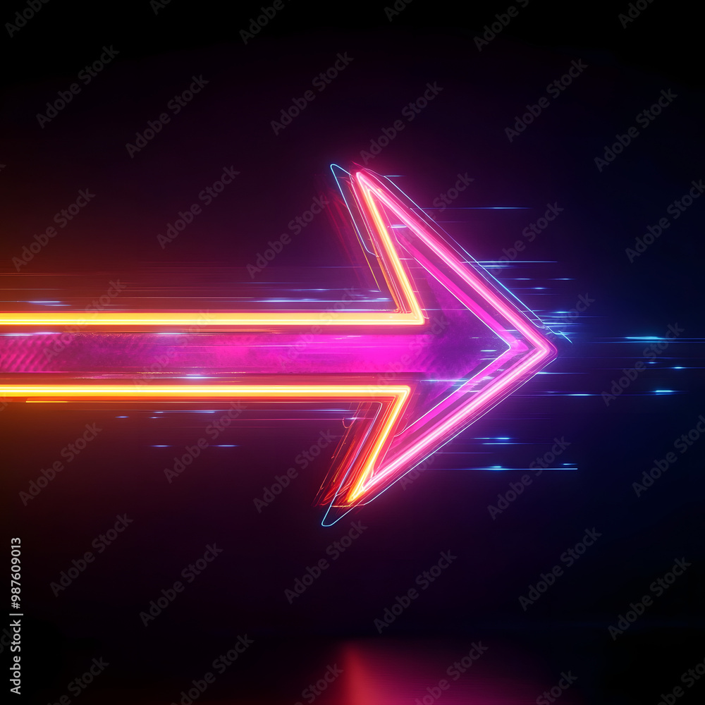 Poster colorful digital arrow pointing right shaped by dynamic neon glowing lines in a dark background, gen