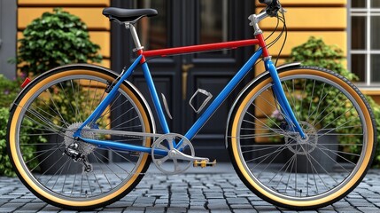 Fototapeta premium A vibrant blue and red bicycle parked on cobbled stones, surrounded by greenery and a charming facade.