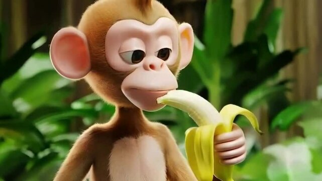 3D animation of a monkey eating a banana
