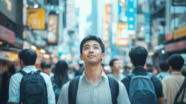 Asian young men walking through a bustling city street.