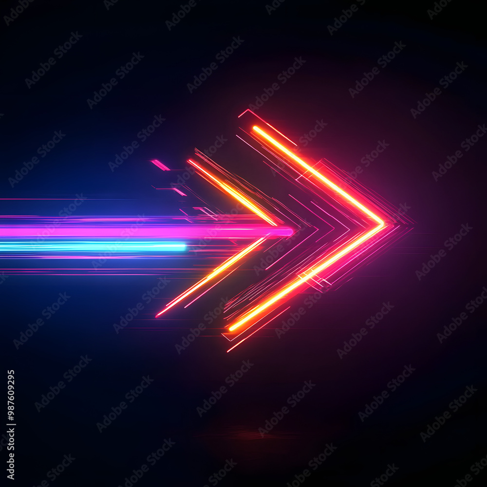 Poster colorful digital arrow pointing right shaped by dynamic neon glowing lines in a dark background, gen