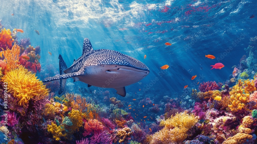 Aufkleber a whale shark gliding past a colorful coral reef, showcasing its impressive size and the diverse mar