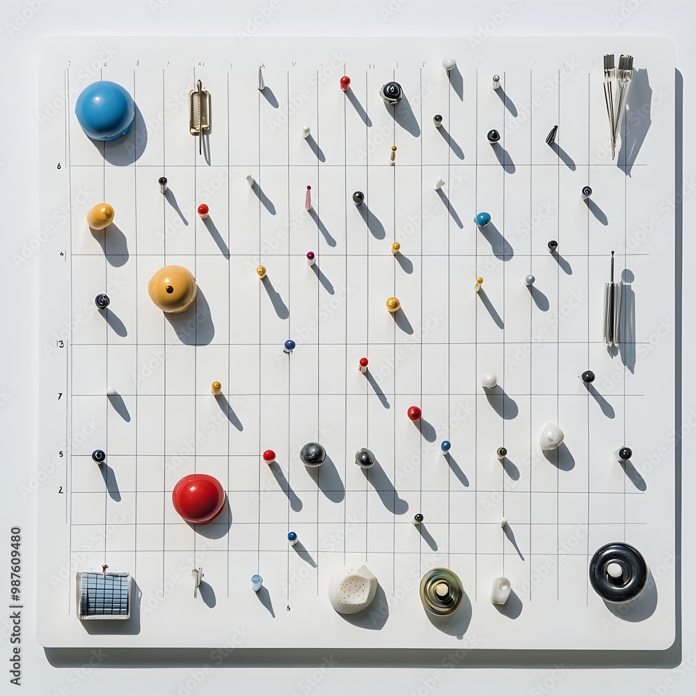 Poster minimalist pushpin board in scandinavian grid like pattern with assorted colored pins
