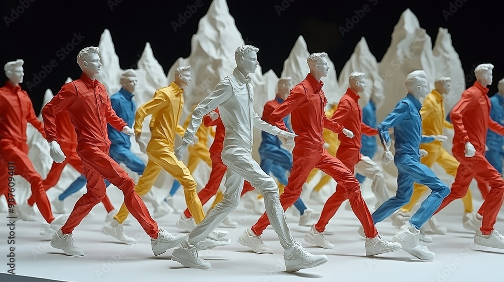 Aufkleber a vibrant collection of colorful figurines running in a dynamic display, set against a backdrop of s