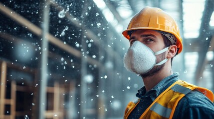 Professional construction worker wearing a high-grade dust mask, surrounded by lot of floating particles of glass wool dust in a construction site