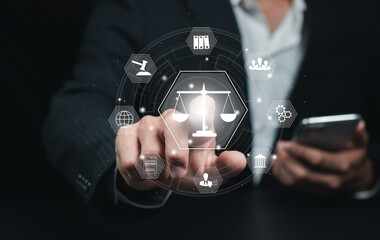 Concepts of law, order, regulation and digital justice, Judgment, Legislature, Litigation, Civil Rights and Social Justice, Cityscape at night..