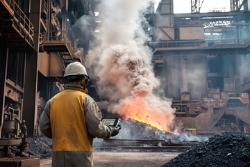 Industrial Worker with Tablet in Steel Mill with Smoke and Fire