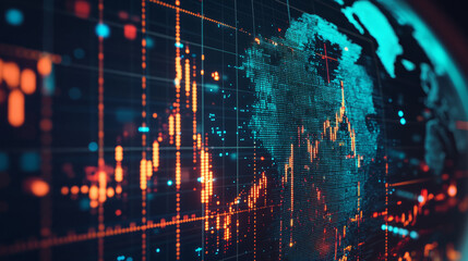 A digital world globe with financial data overlays showing the rise and fall of global market sectors