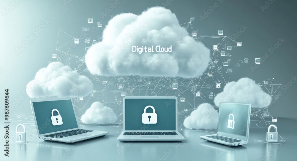 Poster digital cloud computing network with multiple laptops connected showcasing data security through loc