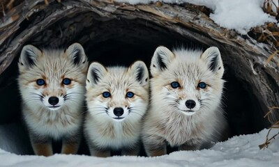 a pack of snow foxes, gathering in their dens to keep warm