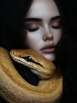 Model with a wild python snake. Fashion portrait. Animal companion. Yellow python snakle and brunette model.