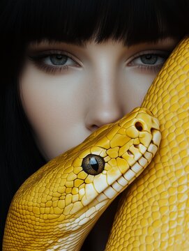 Model with a wild python snake. Fashion portrait. Animal companion. Yellow python snakle and brunette model.