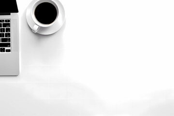 Working space with cup of coffee and laptop background