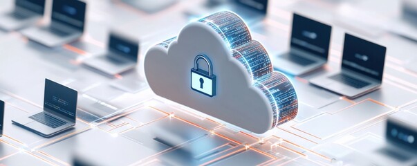 Cloud security concept with multiple laptops connected to a central cloud symbol with a padlock