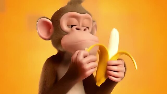 3D animation of a monkey eating a banana